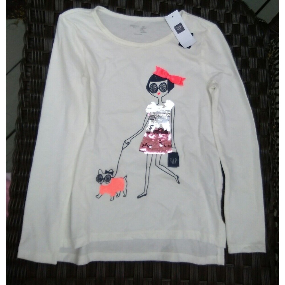 new Gap girls S 6-7  shirt top sweater sequin off white long sleeve cotton